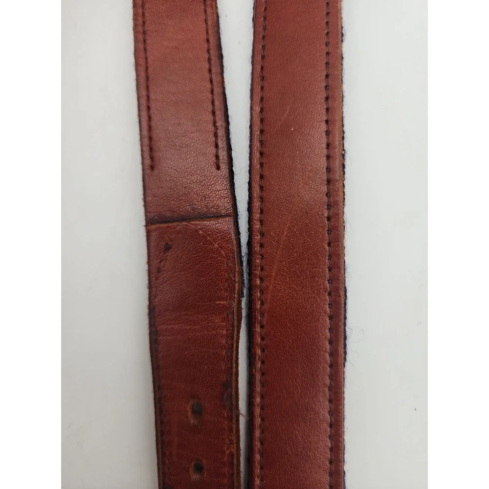 Brown Leather Belt Embroidered MJB Navy Green Stripes, Brass Buckle 36.5